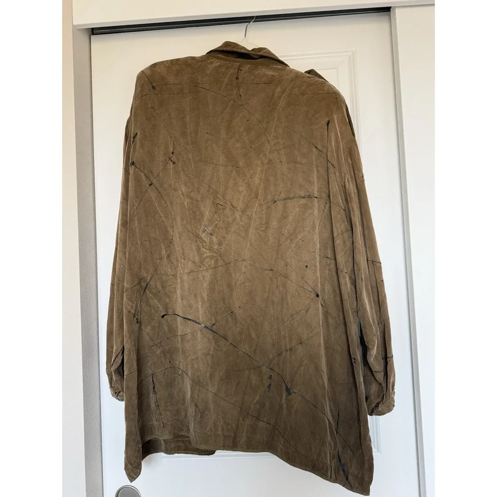 DEWEY DESIGN Vintage Art Print Rayon Light Jacket 1980s Art To Wear SZ L‎ Khaki